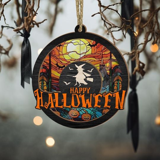 Happy Halloween Witch Suncatcher Ornaments, Pumpkin Ornaments
