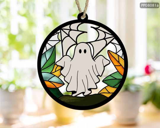 Gothic Ghost Suncatcher, Funny Halloween Stain Glass Suncatcher Ornament