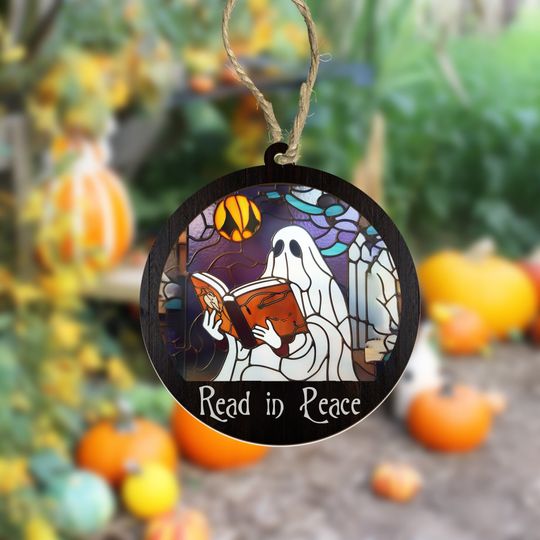 Book Lover Halloween Stained Glass, Funny Ghost Book Nerd Suncatcher Ornament