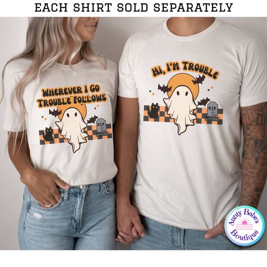 Funny Couples Halloween Shirt,Kids Matching Halloween Shirt, Cat Ghost Shirt,Cat Halloween Tee,Retro T-Shirt,Matching Couples Halloween Tees