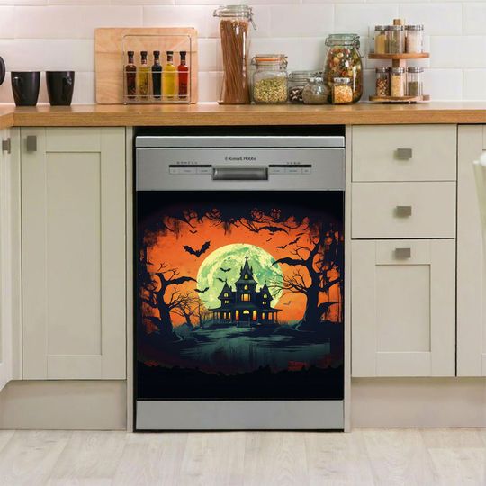 Vintage Haunted House Halloween Dishwasher Cover Sticker Kitchen Decor