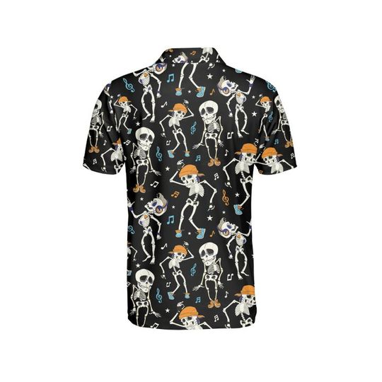 Skeleton Chilling Halloween Polo Shirt, Music and Skeleton Shirt for Men, Gift for Music Lover