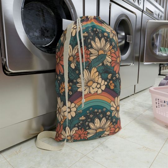 Retro Daisy Rainbow Laundry Bags. Laundry Bag with strap. large laundry bag