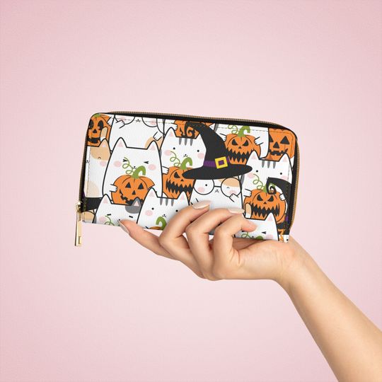 Kawaii kitty Zipper Wallet, witch pumpkin wallet, Women's Wallet