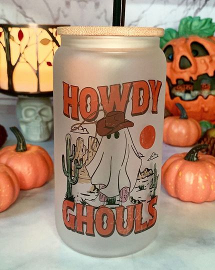 Howdy Ghouls Western  Cowboy Halloween Ghost 16 Oz Frosted Libbey Soda Glass Can