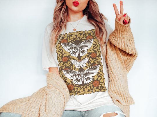 Butterfly Art Nouveau Oversized T-Shirt, 70s Fashion Vintage Graphic Tee