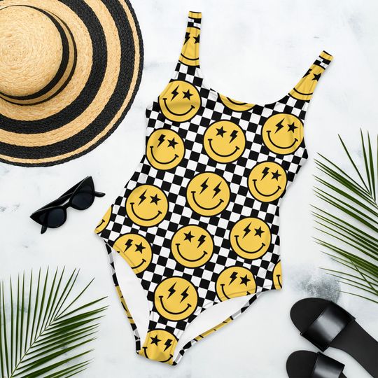 Smiley Face One Piece Swimsuit Aesthetic Swimsuit 80s