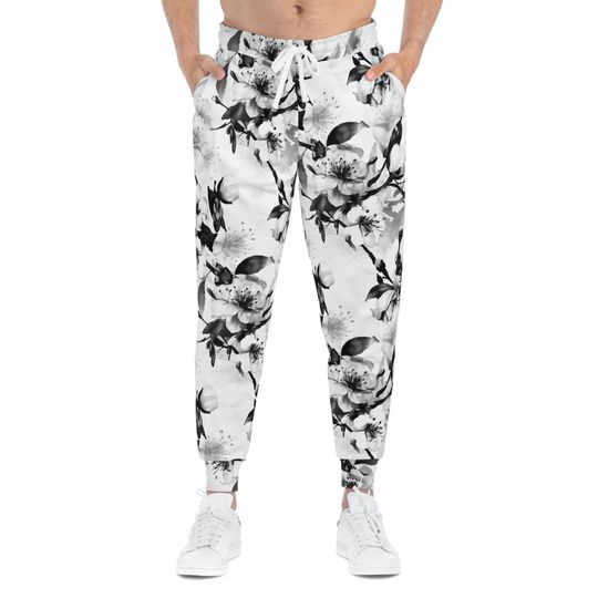 Cherry Blossom Greyscale Watercolor Athletic Joggers