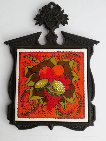 Black Cast Iron and Orange Fruit and Nut Ceramic Photos Tile