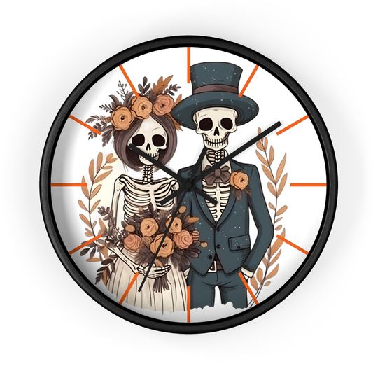 Halloween Skeleton Couple and Wild flowers Wall Clock