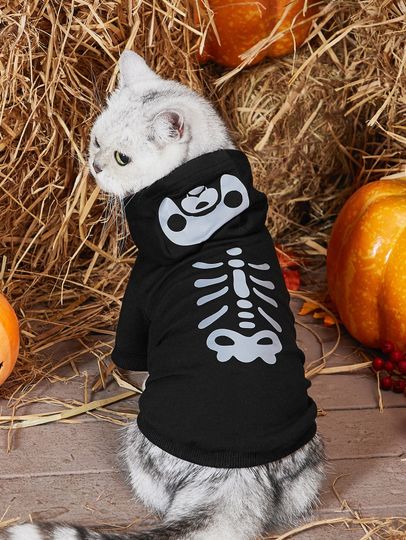 Halloween Reflective Skull Print Pet Hoodie, Funny Halloween Clothes For Pets, Halloween Gift, Pumpkin Pet Hoodie Top