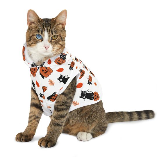 Black Cats and Pumpkins Print Hoodie for Pets, Pumpkins Pattern Fall Clothes for Cats and Dogs, Halloween Costume for Puppies and Kittens
