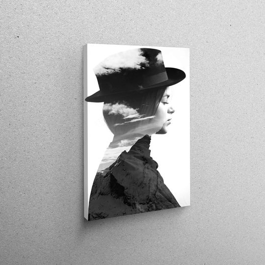 Girl Wearing Hat Profile And Mountains Canvas