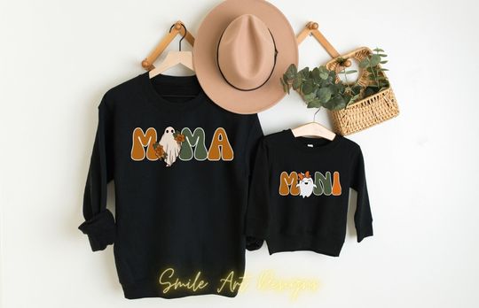 Mommy and Me Matching Retro Halloween Spooky Mama Spooky Mini Shirts Cute Halloween Sweatshirts for Mom And Mini Halloween Outfits.