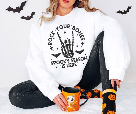 Rock Your Bones Spooky Sweatshirt, Retro Halloween Shirt, Skeleton Shirt, Trendy Fall Sweatshirt, Vintage Style, Cute Halloween Crewneck Tee
