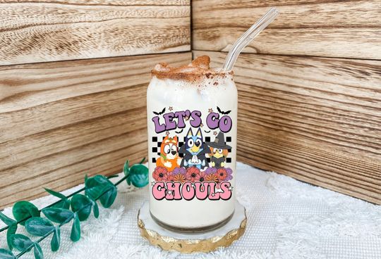 Custom Lets Go Ghouls frosted glass can w/ straw