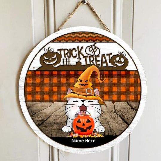 Personalized Halloween White Cat Trick or Treat Door Sign