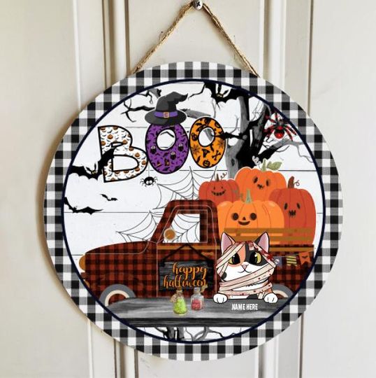 Personalized Happy Halloween Mummy Cat Boo Door Sign