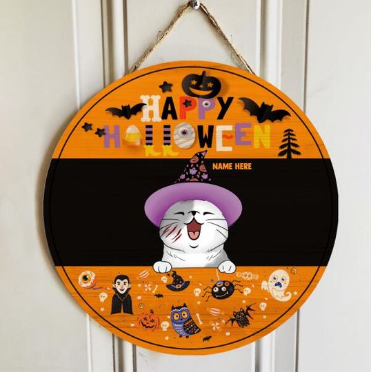 Personalized Happy Halloween Witch Cat Door Sign
