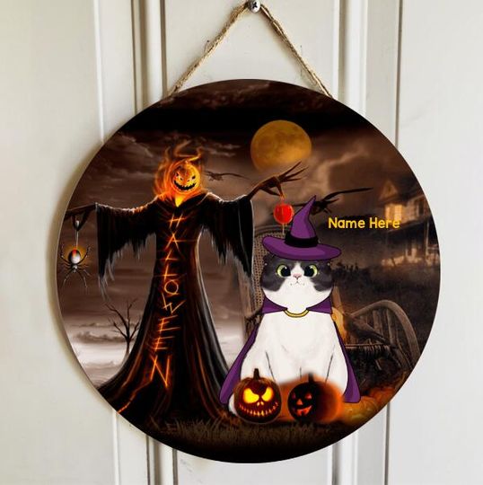 Personalized Pumpkin Head Scarecrow With Witch Cat Door Sign