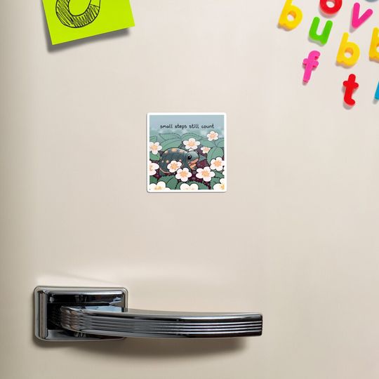 "Small Steps Still Count" Baby Turtle in Strawberry Flowers Magnet