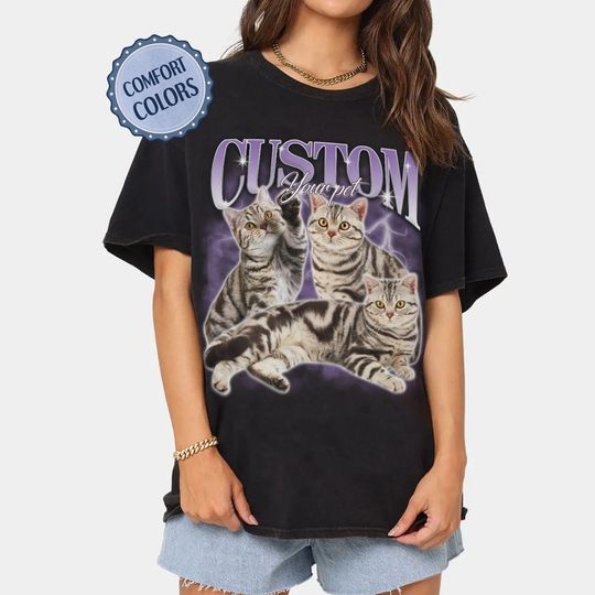 Pet Custom Vintage Washed Shirt, Custom Cat Comfort Colors T-Shirt, Dog Bootleg Retro 90's Tee, Custom Pet Photo, Pet Lovers