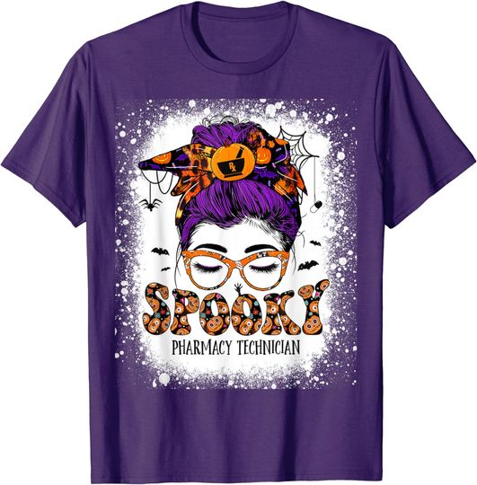 Spooky Pharmacy Tech Bleached Halloween Messy Bun Pharmacist T-Shirt