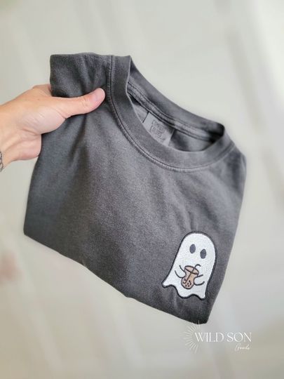 Ghost with coffee t shirt-Halloween t shirt-Embroidered Halloween t shirt