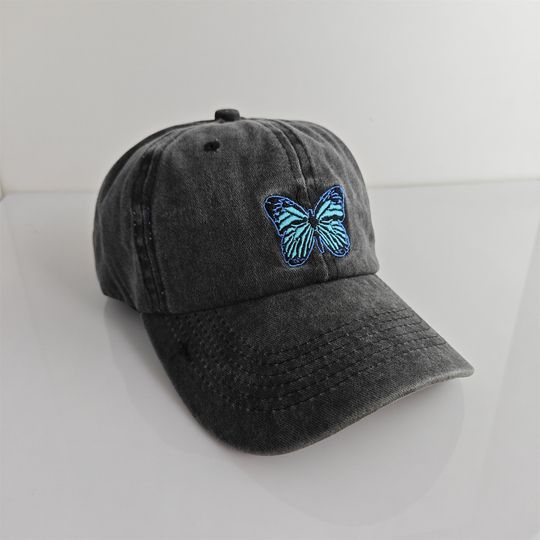 Blue Butterfly Embroidery Floral Hat, Halloween Embroidered Baseball Cap