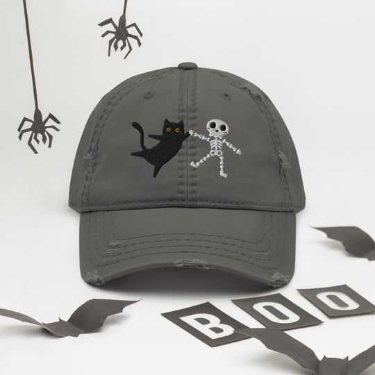 Embroidered Black Cat Hat, Distressed Dad Hat, Embroidered Halloween Skeleton, Halloween Embroidered Baseball Cap