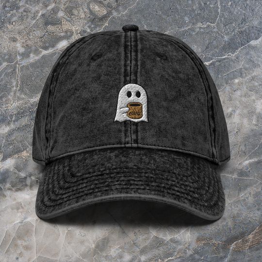 Halloween Spirit Meets Coffee: Ghost Sipping Coffee Embroidered Vintage Baseball Cap