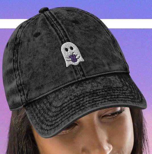 Ghost with Bubble Tea Embroidered Vintage Baseball Cap, Halloween Hat, Halloween Embroidered Baseball Cap