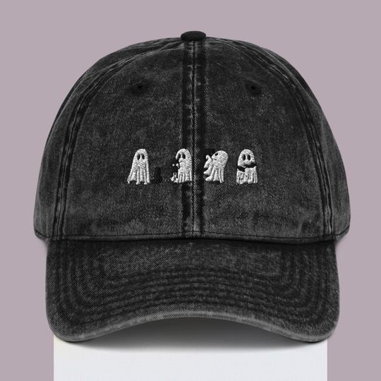 Spooky Cats & Ghosts Embroidered Vintage Baseball Cap, Halloween Embroidered Baseball Cap