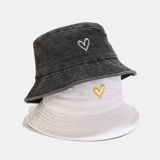 Embroidered Heart Bucket Hat Cotton Heart Hat