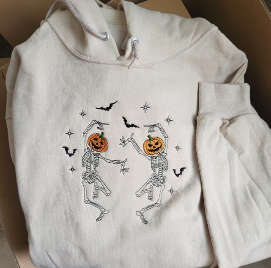 Dancing Skeletons Fall Sweatshirt Embroidered, Halloween Sweater, Horror movie shirt, Fall Sweatshirt, Vintage Halloween | Spooky crewneck