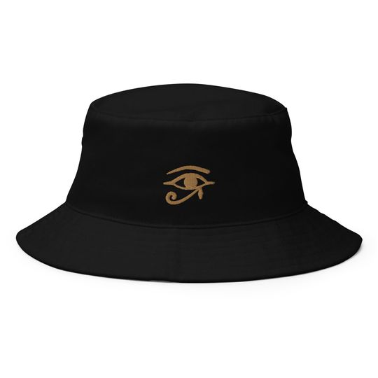 Eye of Ra Bucket Hat - Egyptian Evil Eye Protection Symbol - Black Gold Embroidered Boho Gothic Apparel Hat