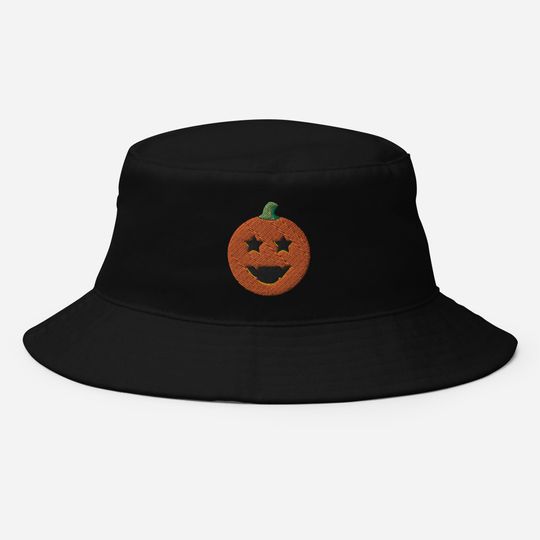 Halloween Pumpkin Bucket Hat, Embroidered Evil Face Bucket Hat, Handmade Scary Pumpkin Unisex Cotton Sun Hat