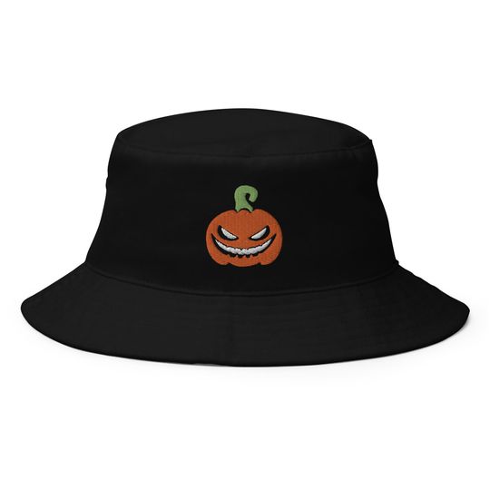 Halloween Pumpkin Bucket Hat, Embroidered Evil Face Pumpkin Bucket Hat