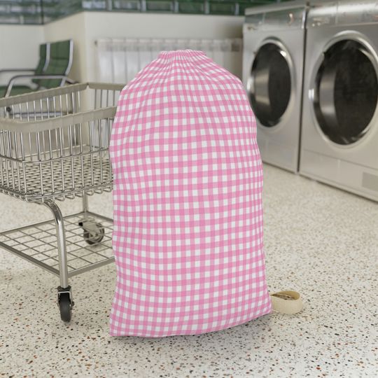 Stylish Gingham Laundry Bag with Woven Shoulder Strap
