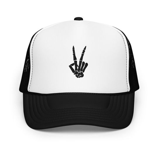 Skeleton Hands Peace Sign Embroidered Foam Trucker Hat Fall Vibes Skeleton Embroidery Halloween Costume Mesh Snapback Halloween Embroidered Mesh Baseball Cap