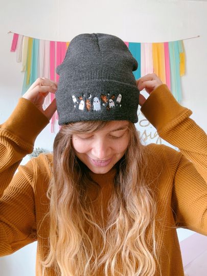 Ghost Beanie Hat - Embroidered Hat - Embroidered Knitted Hat