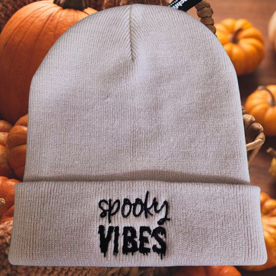 Halloween Embroidered beanie, spooky vibes, Embroidered Knitted Hat