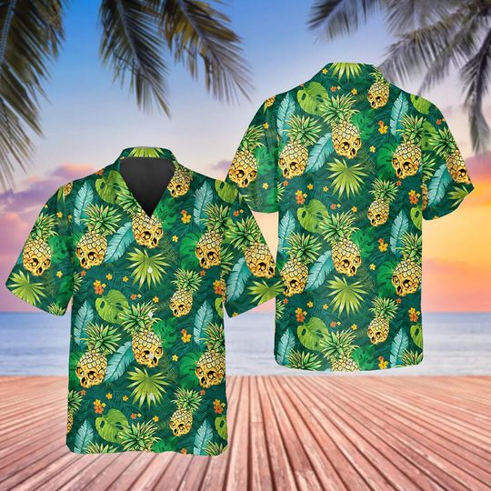 Green Pineapple Skull Tropical Hawaiian Shirt, This Trends Summer Beach Shirt , Bachelor Party, Summer Gift, Hawaii Style