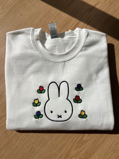 Miffy Embroidered Sweater with Tulip Design - Cute White Rabbit Embroidery
