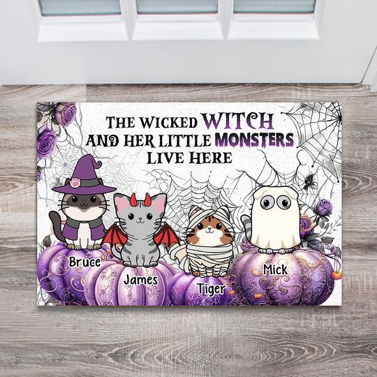 A Wicked Witch And Little Monsters - Personalized Cat Doormat