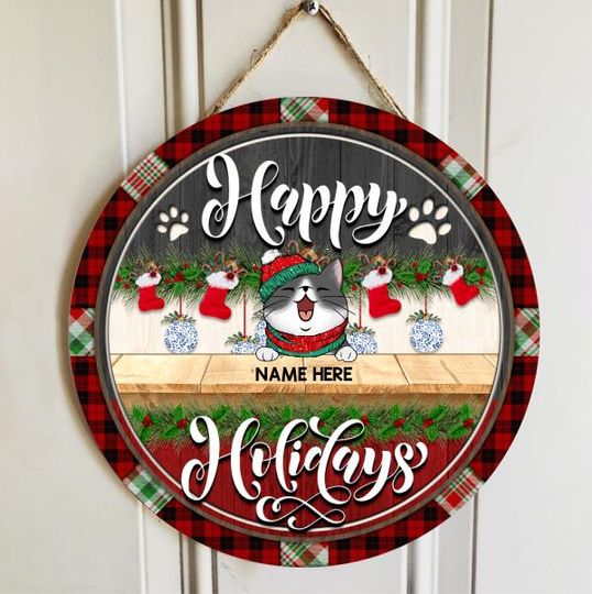 Personalized Happy Holiday Cat Lovers Door Sign