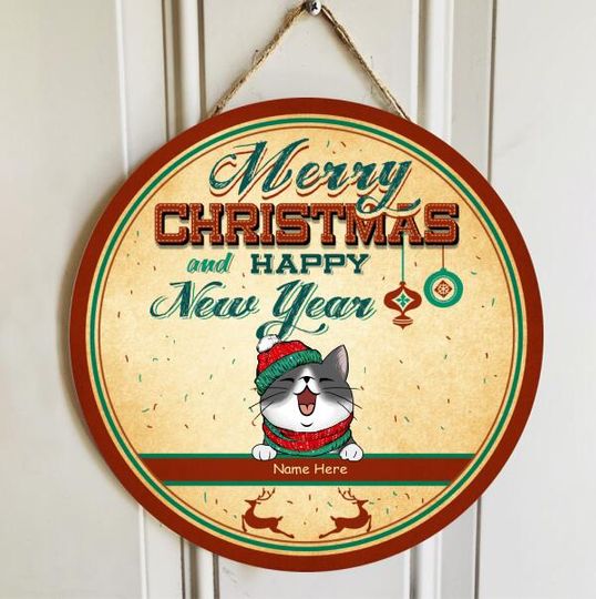Personalized Merry Christmas And Happy New Year Cat Lovers Door Sign