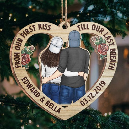 From Our First Kiss, My Love - Personalized Custom Heart Shaped Wood Christmas Ornament