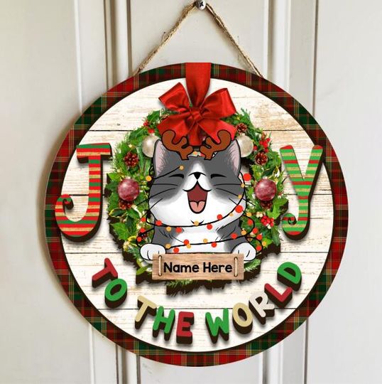 Personalized Joy To The World Christmas Cat Lovers Door Sign