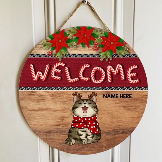 Personalized Welcome Christmas Cat Lovers Door Sign